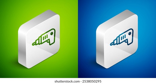 Isometric line Electric cordless screwdriver icon isolated on green and blue background. Electric drill machine. Repair tool. Silver square button. Vector