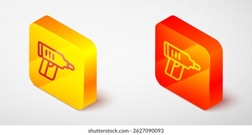 Isometric line Electric cordless screwdriver icon isolated on grey background. Electric drill machine. Repair tool. Yellow and orange square button. Vector