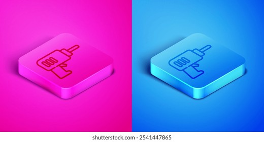 Isometric line Electric drill machine icon isolated on pink and blue background. Repair tool. Square button. Vector