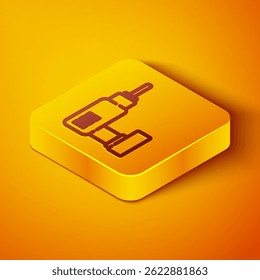 Isometric line Electric drill machine icon isolated on orange background. Repair tool. Yellow square button. Vector Illustration