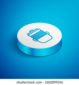Isometric line Electric engine icon isolated on blue background. Car alternator. White circle button. Vector Illustration