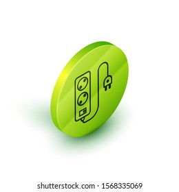 Isometric line Electric extension cord icon isolated on white background. Power plug socket. Green circle button. Vector Illustration