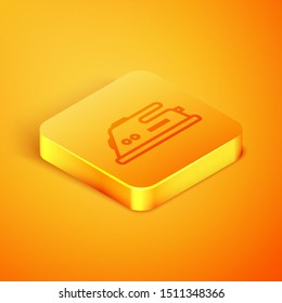 Isometric line Electric iron icon isolated on orange background. Steam iron. Orange square button. Vector Illustration
