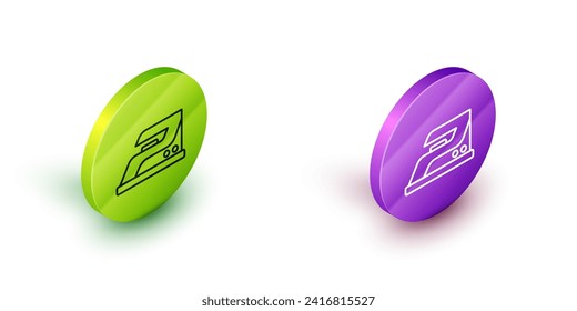 Isometric line Electric iron icon isolated on white background. Steam iron. Green and purple circle buttons. Vector