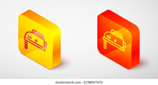 Isometric line Electric jigsaw with steel sharp blade icon isolated on grey background. Power tool for woodwork. Yellow and orange square button. Vector