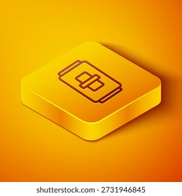Línea isométrica Icono de interruptor de luz eléctrica aislado sobre fondo naranja. Icono de encendido y apagado. Signo del interruptor de la luz del amortiguador. Concepto de ahorro de energía. Botón cuadrado amarillo. Ilustración vectorial