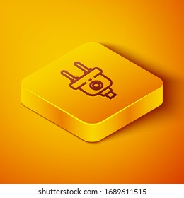 Isometrische Linie Elektrische Steckdose Symbol einzeln auf orangefarbenem Hintergrund. Konzept des Anschlusses und des Abbaus des Stroms. Gelber Quadrat-Knopf. Vektorillustration-Illustration