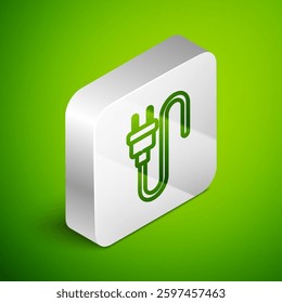 Isometric line Electric plug icon isolated on green background. Concept of connection and disconnection of the electricity. Silver square button. Vector
