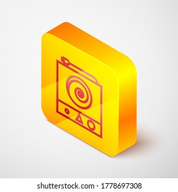 Isometric line Electric stove icon isolated on grey background. Cooktop sign. Hob with four circle burners. Yellow square button. Vector Illustration