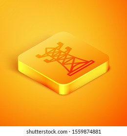 Isometric line Electric tower used to support an overhead power line icon isolated on orange background. High voltage power pole line. Orange square button. Vector Illustration