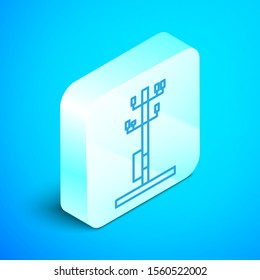 Isometric line Electric tower used to support an overhead power line icon isolated on blue background. High voltage power pole line. Silver square button. Vector Illustration