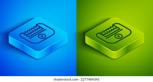 Isometric line Electrical hair clipper or shaver icon isolated on blue and green background. Barbershop symbol. Square button. Vector