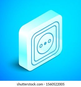 Isometric line Electrical outlet icon isolated on blue background. Power socket. Rosette symbol. Silver square button. Vector Illustration