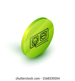Isometric line Electrical outlet icon isolated on white background. Power socket. Rosette symbol. Green circle button. Vector Illustration
