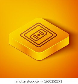 Isometric line Electrical outlet icon isolated on orange background. Power socket. Rosette symbol. Yellow square button. Vector Illustration