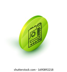 Isometric line Electronic computer components motherboard digital chip integrated science icon isolated on white background. Circuit board. Green circle button. Vector Illustration