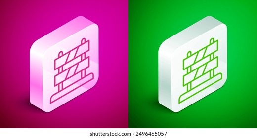 Isometric line End of railway tracks icon isolated on pink and green background. Stop sign. Railroad buffer end to destination. Silver square button. Vector
