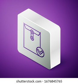 Isometric line Envelope and check mark icon isolated on purple background. Successful e-mail delivery, email delivery confirmation. Silver square button. Vector Illustration