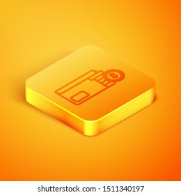 Isometric line Envelope with coin dollar symbol icon isolated on orange background. Salary increase, money payroll, compensation income. Orange square button. Vector Illustration