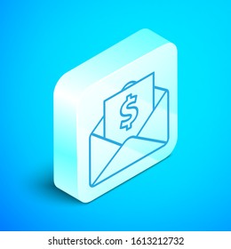 Isometric line Envelope with coin dollar symbol icon isolated on blue background. Salary increase, money payroll, compensation income. Silver square button. Vector Illustration