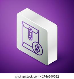 Isometric line Envelope with coin dollar symbol icon isolated on purple background. Salary increase, money payroll, compensation income. Silver square button. Vector Illustration
