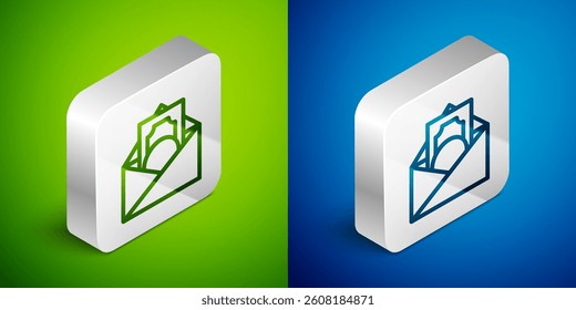 Isometric line Envelope with coin dollar symbol icon isolated on green and blue background. Salary increase, money payroll, compensation income. Silver square button. Vector
