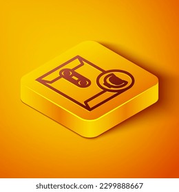 Isometric line Envelope with euro symbol icon isolated on orange background. Salary increase, money payroll, compensation income. Yellow square button. Vector Illustration