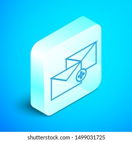 Isometric line Envelope icon isolated on blue background. Received message concept. New, email incoming message, sms. Mail delivery service. Silver square button. Vector Illustration