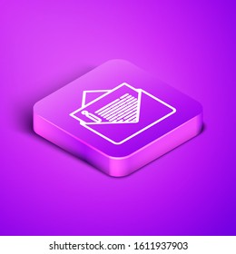 Isometric line Envelope icon isolated on purple background. Email message letter symbol. Purple square button. Vector Illustration