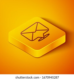 Isometric line Envelope icon isolated on orange background. Email message letter symbol. Yellow square button. Vector Illustration