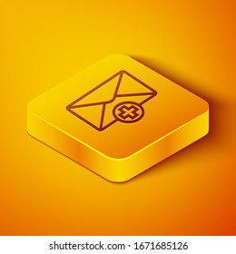 Idóneo sobre línea isométrica aislado en fondo naranja. Concepto de mensaje recibido. Nuevo mensaje entrante de correo electrónico, sms. Servicio de entrega de correo. Botón cuadrado amarillo.  Ilustración vectorial