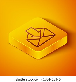 Isometric line Envelope icon isolated on orange background. Received message concept. New, email incoming message, sms. Mail delivery service. Yellow square button. Vector Illustration