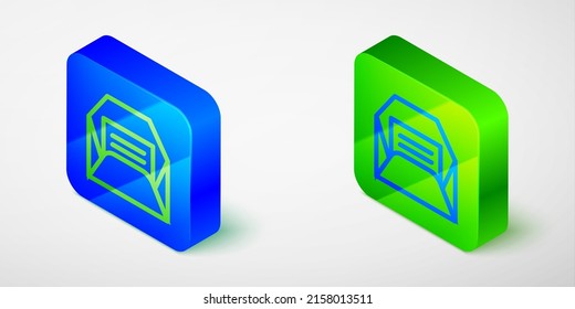 Línea isométrica Icono sobre fondo gris aislado. Concepto de mensaje recibido. Nuevo mensaje entrante por correo electrónico, sms. Servicio de envío de correo. Botón cuadrado azul y verde. Vector