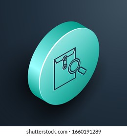Isometric line Envelope mail with magnifying glass icon isolated on black background. Turquoise circle button. Vector Illustration