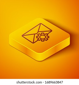 Isometric line Envelope setting icon isolated on orange background. Yellow square button. Vector Illustration