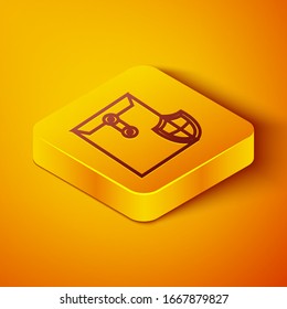 Isometric line Envelope with shield icon isolated on orange background. Insurance concept. Security, safety, protection, protect concept. Yellow square button. Vector Illustration