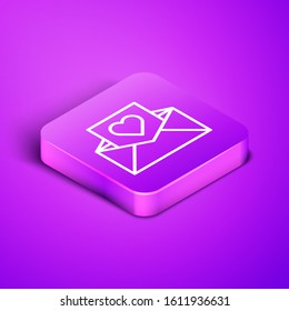 Isometric line Envelope with Valentine heart icon isolated on purple background. Message love. Letter love and romance. Purple square button. Vector Illustration