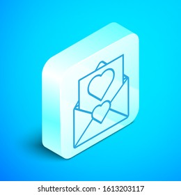 Isometric line Envelope with Valentine heart icon isolated on blue background. Message love. Letter love and romance. Silver square button. Vector Illustration