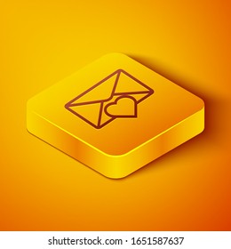 Isometric line Envelope with Valentine heart icon isolated on orange background. Message love. Letter love and romance. Yellow square button. Vector Illustration