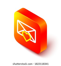 Isometric line Envelope with Valentine heart icon isolated on white background. Message love. Letter love and romance. Orange square button. Vector Illustration
