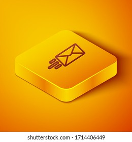 Icono de sobre Express línea isométrica aislado en fondo naranja. Símbolo de carta de mensaje de correo electrónico. Botón cuadrado amarillo. Ilustración vectorial