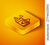 Isometric line Eye drop bottle icon isolated on orange background. Yellow square button. Vector