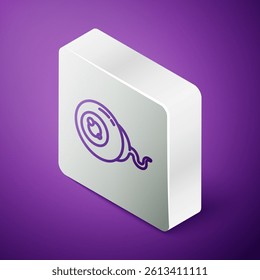 Isometric line Eye icon isolated on purple background. Happy Halloween party. Silver square button. Vector