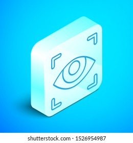 Isometric line Eye scan icon isolated on blue background. Scanning eye. Security check symbol. Cyber eye sign. Silver square button. Vector Illustration