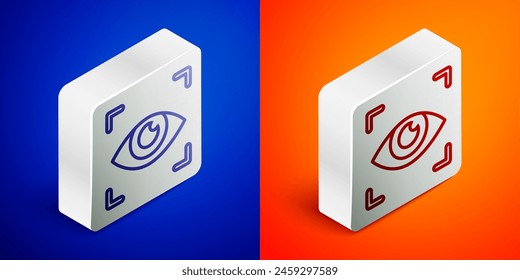 Línea isométrica Icono de exploración ocular aislado sobre fondo azul y naranja. Ojo escaneado. Símbolo de comprobación de seguridad. Signo de ojo cibernético. Botón cuadrado plateado. Vector