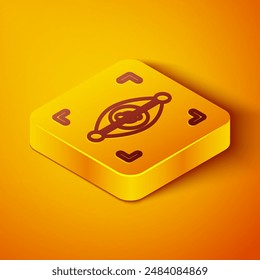 Isometric line Eye scan icon isolated on orange background. Scanning eye. Security check symbol. Cyber eye sign. Yellow square button. Vector
