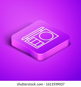 Isometric line Eye shadow palette with brush icon isolated on purple background. Purple square button. Vector Illustration