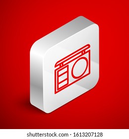 Isometric line Eye shadow palette with brush icon isolated on red background. Silver square button. Vector Illustration