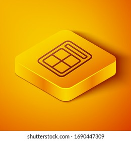 Isometric line Eye shadow palette with brush icon isolated on orange background. Yellow square button. Vector Illustration