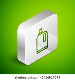 Isometric line Fabric softener icon isolated on green background. Liquid laundry detergent, conditioner, cleaning agent, bleach. Silver square button. Vector Illustration